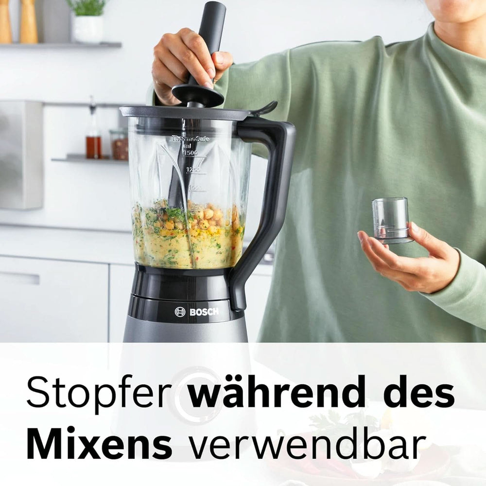 Bosch Standmixer Vitapower Serie 4 MMB6174SN, Verbesserte Version, Hochwertige Edelstahl-Klingen, 1,5L Glasbehälter, 0,6L To-Go-Flasche, Spülmaschinenfeste Teile, 30 000 U/min, Silver Kitchen Naty, 1200 W