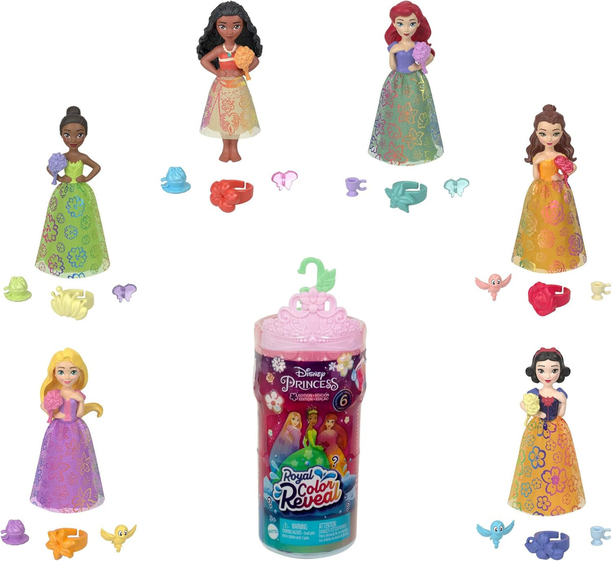 Mattel Disney Princess Royal Color Reveal, păpușă mică cu 6 surprize, inclusiv inel parfumat și 4 accesorii (păpușile pot varia), Seria Garden Party HRN63