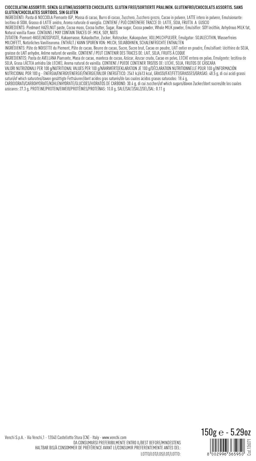 Ajándék szett Venchi - Borsina Gianduiotti, különféle Gianduiotti csokoládékkal, köztük "piemonti mogyoróval", 150g, gluténmentes, mesterséges színezék, tartósítószer nélkül, ajándékötlet