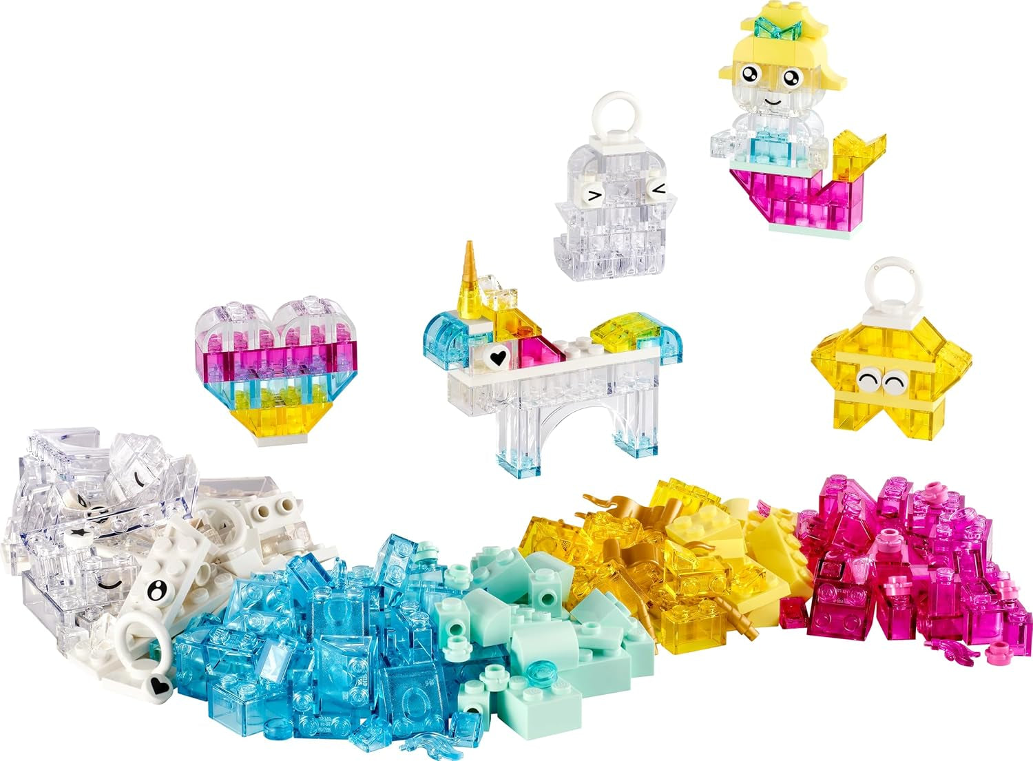LEGO Classic Zauberbox mit durchsichtigen Steinen - Farbenfrohe Bausteine ​​und Aufhängersteine ​​- Einhorn, Drache, Pinguin und weitere Figuren - Bastelset für Mädchen & Jugen ab 5 Jahren 11040