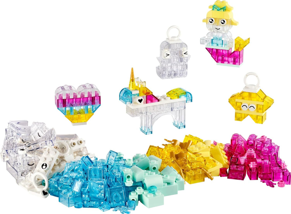 LEGO Classic Zauberbox mit durchsichtigen Steinen - Farbenfrohe Bausteine ​​und Aufhängersteine ​​- Einhorn, Drache, Pinguin und weitere Figuren - Bastelset für Mädchen & Jugen ab 5 Jahren 11040