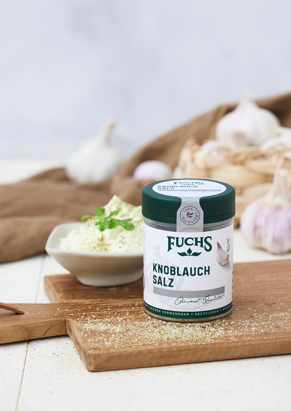 Fuchs Gewürze - Knoblauchsalz - Gewürzsalz für Dips, Saucen und Gemüse - természetes összetevők - 90 g in wiederverwendbarer, recyclebarer Dózis