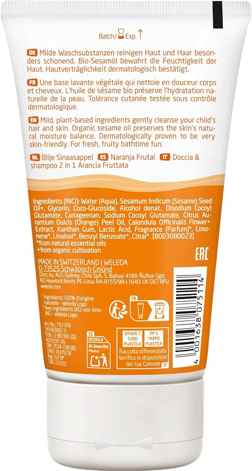 WELEDA Bio Kids 2-in-1 Șampon si Gel de duș, portocală, potrivit pentru copiii cu vârsta de la trei ani (1 x 150 ml) Mama si Copilul Naty Shop