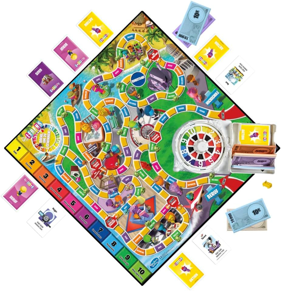 Hasbro Jocul Vieții, joc de societate pentru întreaga familie pentru 2-4 jucători, pentru copii cu vârsta de 8 ani și peste, include creioane colorate