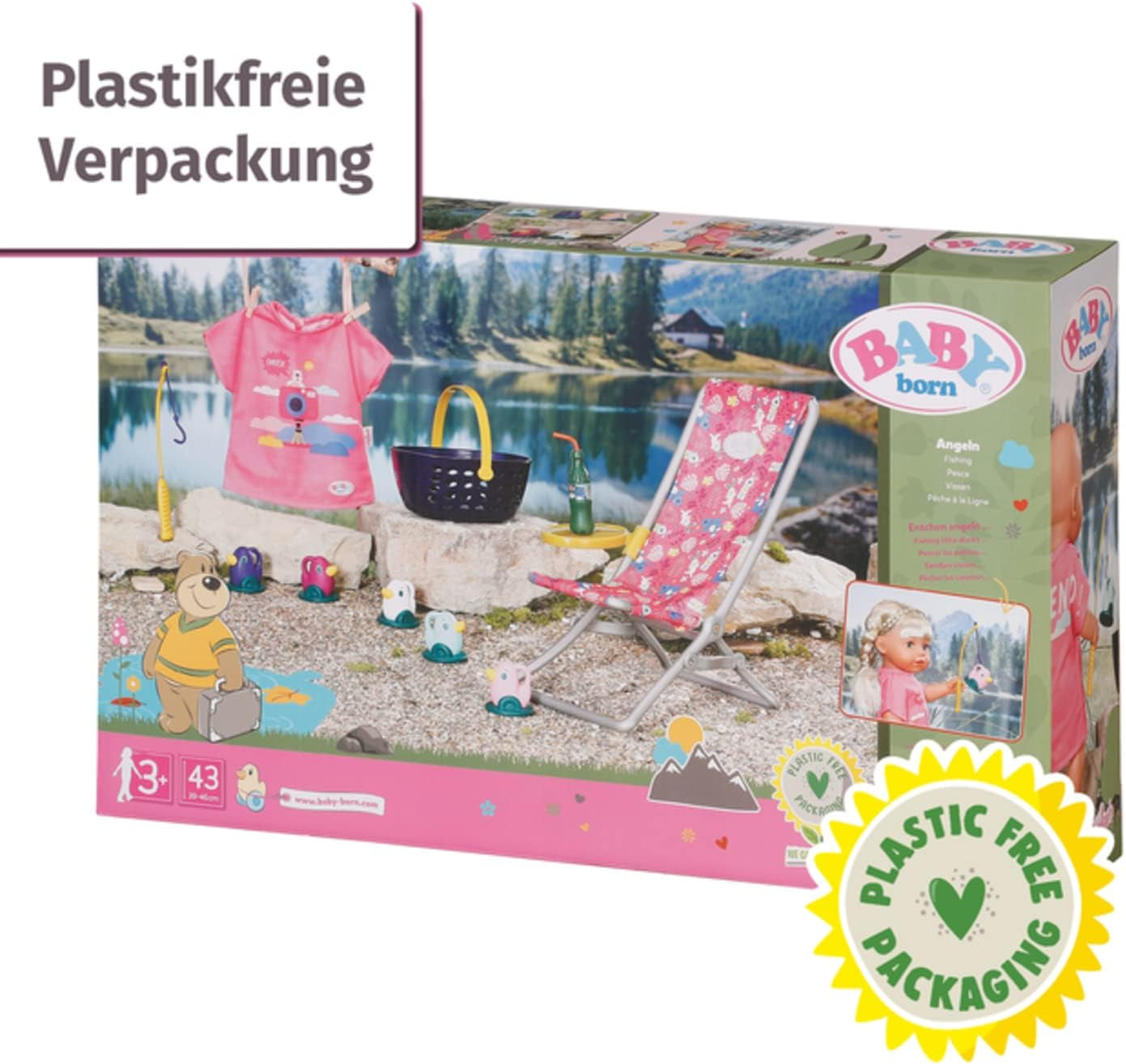 BABY born 832790 Weekend Fischen - Puppenzubehör Angel-Set mit bunt bedruckten Liegestuhl mit Ablagetischchen, Flasche, Korb, Enten und Angel sowie pinkem Longshirt, Pink