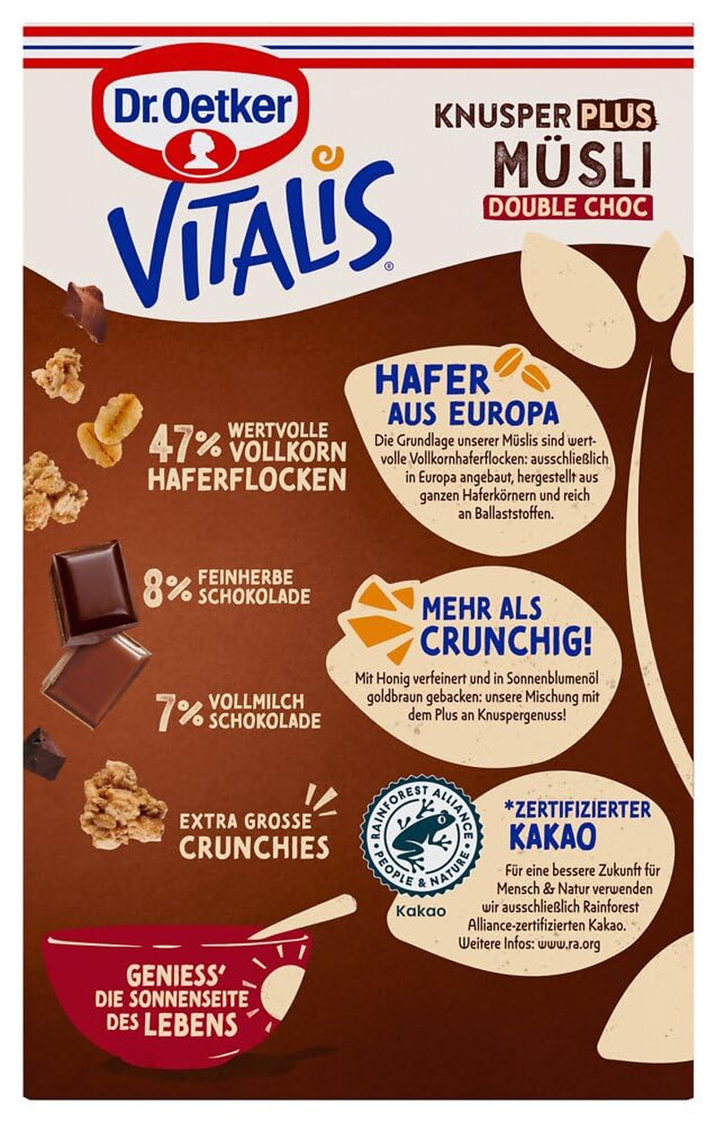 Dr. Oetker Vitalis KnusperPlus Dupla csokoládé: Ropogós müzli tejjel és étcsokoládéval, 7 db (7 x 450g) csomag