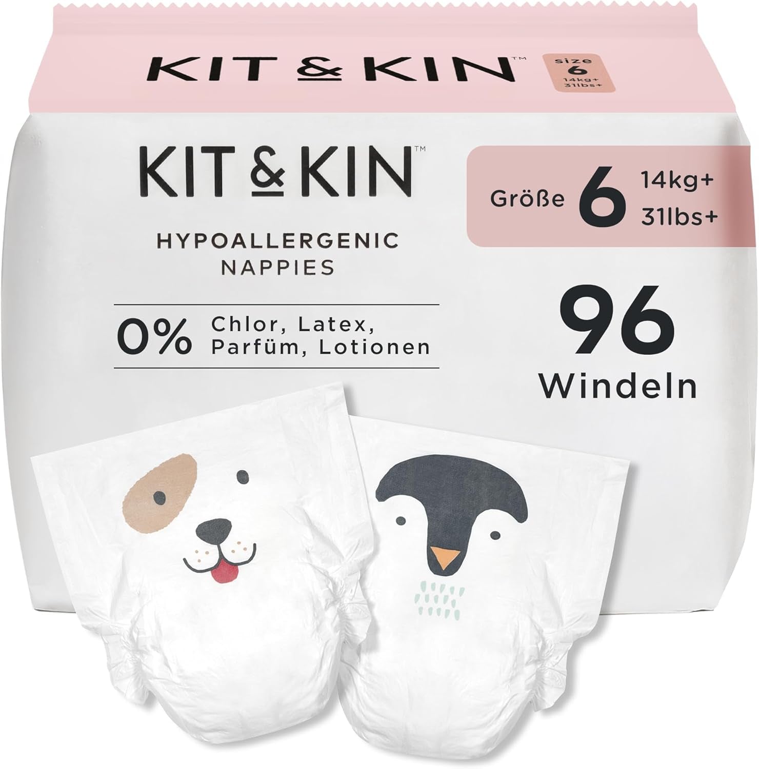 Kit & Kin Premium pelenkák, 4-es méret (9-14 kg), 128-as, növényi alapú és hipoallergén, megbízható szivárgás elleni védelem, vegán és kegyetlenség mentes