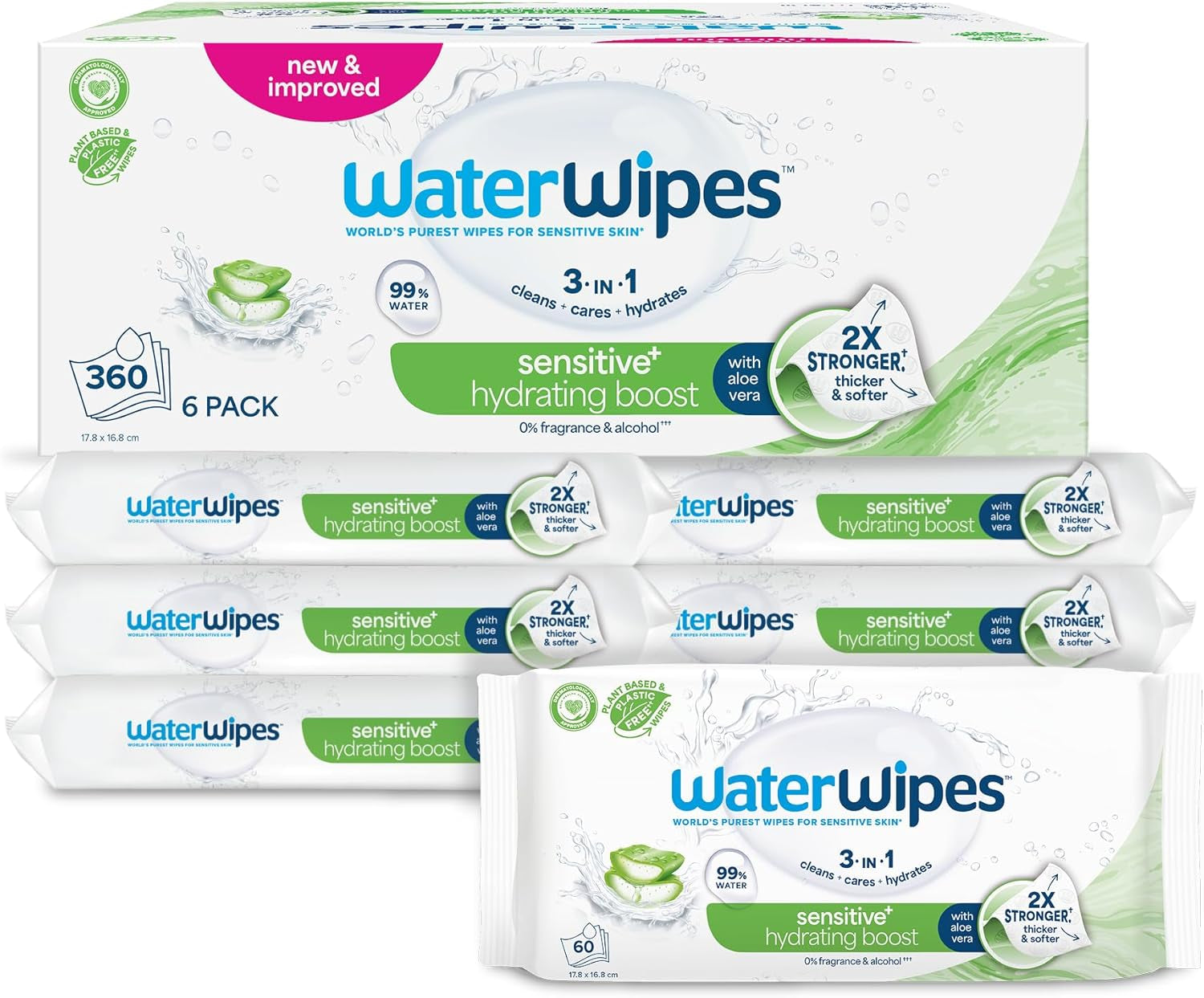 WaterWipes Sensitive+ Hydrating Boost nedves törlőkendők, hidratáló törlőkendők, 360 darab (6 csomag), 3 az 1-ben tiszta, ápoló, hidratáló, 99% aloe vera víz, illatmentes baba törlőkendők