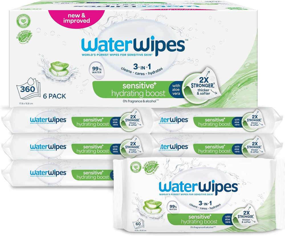 WaterWipes Sensitive+ Hydrating Boost nedves törlőkendők, hidratáló törlőkendők, 720 darab (12 csomag), 3 az 1-ben tiszta, ápoló, hidratáló, 99% aloe vera víz, illatmentes baba törlőkendők