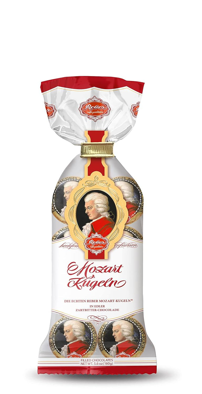 Reber, Mozart - bile, pungă de 5, bile Mozart din ciocolată neagră, umplute cu marțipan, 100 grame Bomboane de Ciocolata Naty Shop 8 bucăți (pachet de 5)