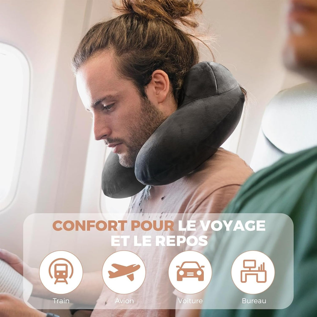 Pernă de călătorie gonflabilă, pernă de călătorie cu mască de somn + dopuri pentru urechi + sac de transport, super ușor și portabil, ideal pentru avion, mașină, casă, birou, negru Perne calatorie Naty Shop