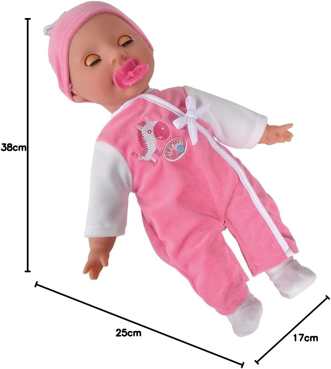 Simba 105140489 - Păpușa Laura Baby Talk, Păpușă cu corp moale de 38 cm și ochi adormiți, în salopă drăguță, 24 de sunete pentru bebeluși, Păpușă de joacă, Păpușă bebeluș, Vârste 2+