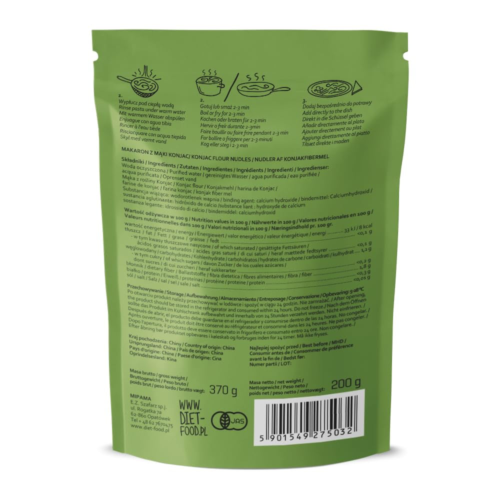 Diétás Shirataki tészta | Alacsony szénhidráttartalmú konjac tészta | 200 gramm vegán alacsony kalóriatartalmú zsírmentes szójamentes gluténmentes vízben oldódó diétás tészta