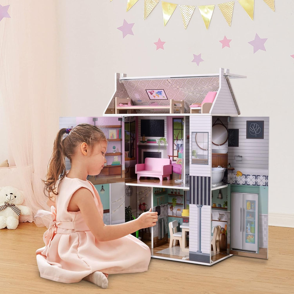 Olivia'S Little World Dreamland Farmhouse Kids Interactive Wooden Dollhouse 3 etaje cu 13 accesorii de mobilier pentru păpuși alb TD-13632A Casute de papusi Naty Shop