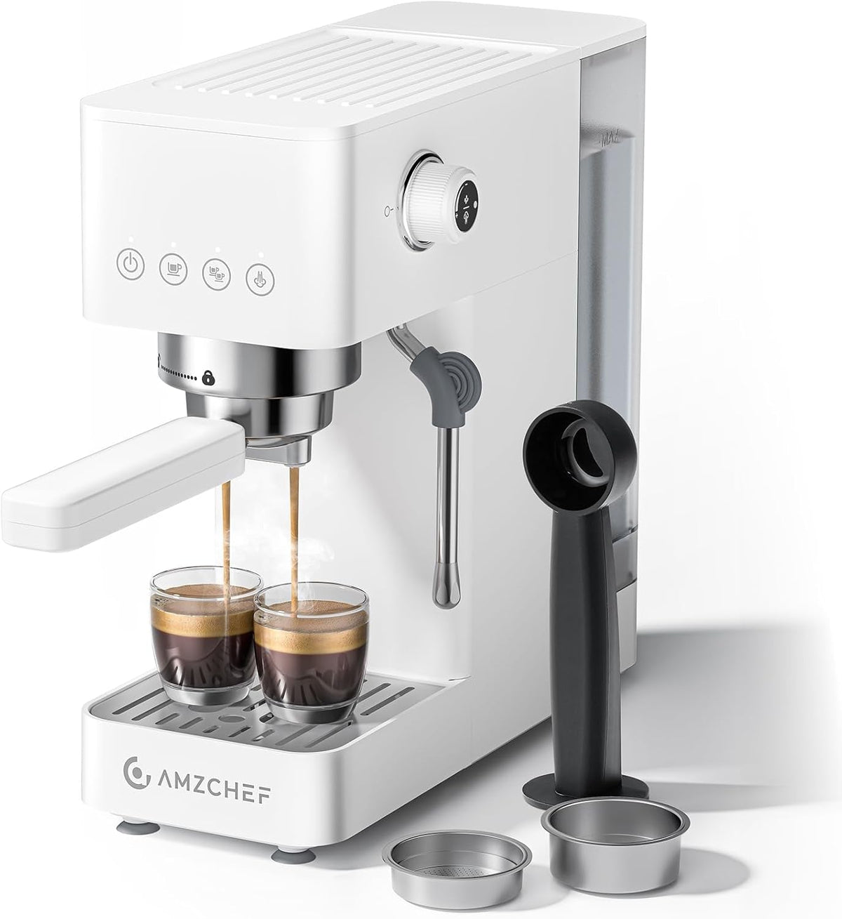 Espressor AMZCHEF cu 20 de bari, afișaj LED, spumator de lapte profesional și lance de abur din oțel inoxidabil, rezervor detașabil de 1,5 l, încălzire rapidă de 1350 W, alb