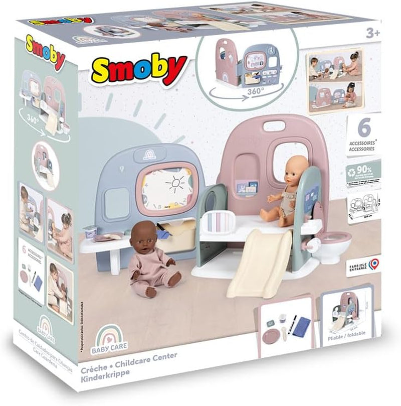 Smoby - Îngrijire bebeluși Creșă pentru păpuși - Centru de joacă pentru păpuși Creșă + Grădiniță Viața de zi cu zi - Zonă de joacă pliabilă, cu rotire la 360° - 6 accesorii - Fabricată din 90% material reciclat în Franța, de la 3 ani