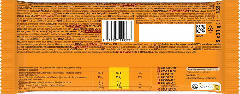Tejcsokoládéval bevont földimogyorós csokoládészelet, Ízletes karamell töltelék, földimogyoró és ropogós ostya, ömlesztett cukorka csomag, 1 csomag (5 x 31 g)