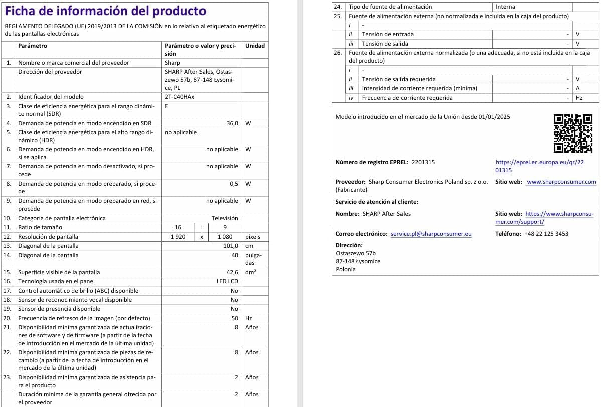 SHARP 40HA1305E – Ecran FHD de 40", fără ramă, 60 Hz, Sunet 2x8 W, HDMIx3, USBx2, Culoare Negru