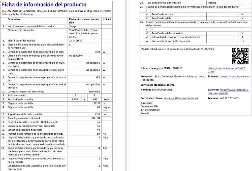 SHARP 40HA1305E – Ecran FHD de 40", fără ramă, 60 Hz, Sunet 2x8 W, HDMIx3, USBx2, Culoare Negru