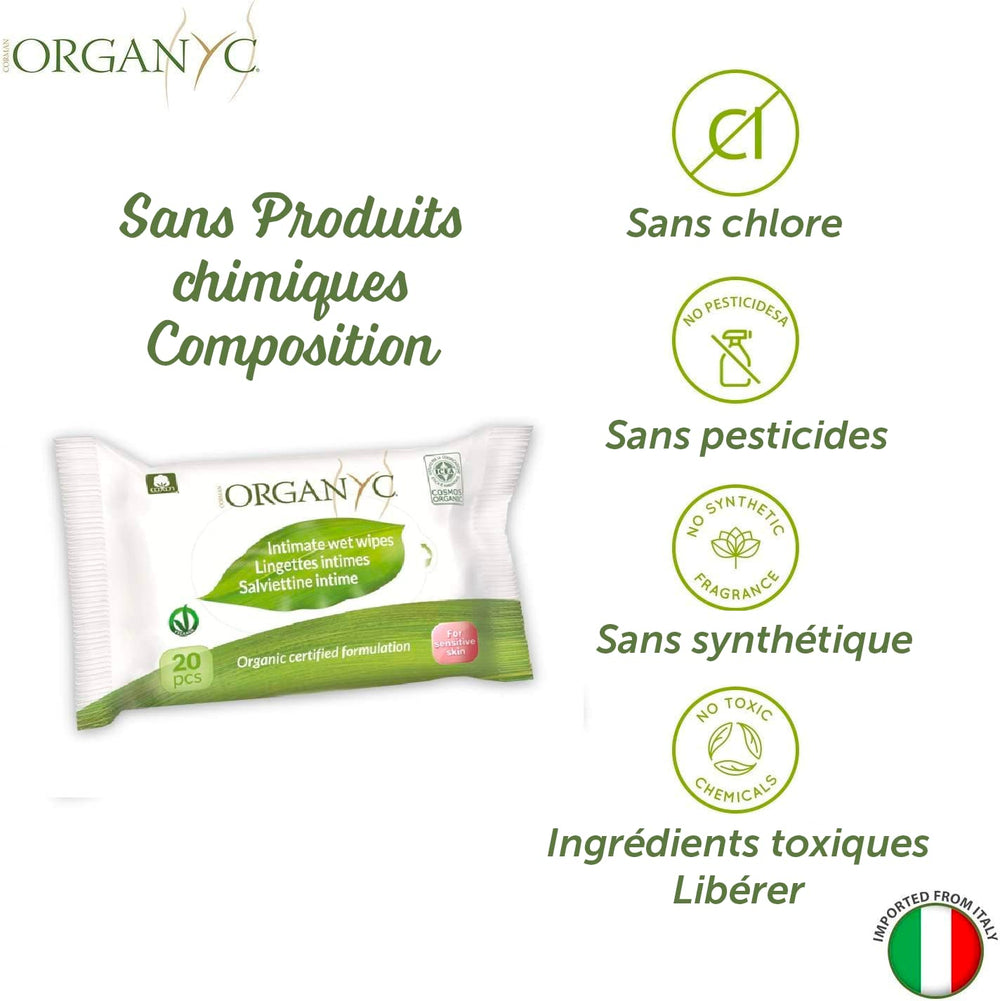 Organyc nedves intim törlőkendők, 100% minősített bio pamutból - 4 csomag 20 törlőkendőt (összesen 80 törlőkendő)