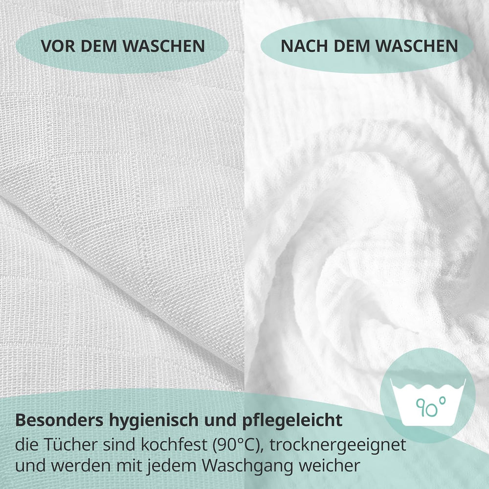 MAKIAN muszlin négyzetek, 10 db-os csomag, 80x80 cm, Oeko-TEX® Standard 100 tanúsítvánnyal rendelkező, 10 prémium böfös kendő - dupla szövött szövetnégyzetek / muszlin négyzetek, forrásálló - fehér