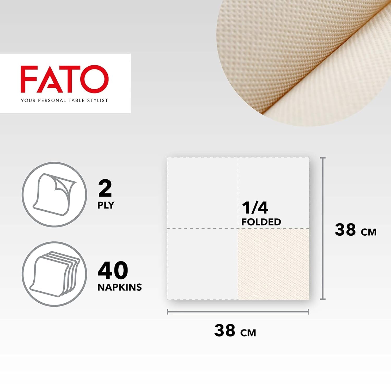 Fato - Șervețele de hârtie de unică folosință naturale pliate 4 ori, ecologice, pachet de 40 de șervețele, mărimea 38X38, 2 straturi, 100% hârtie reciclată