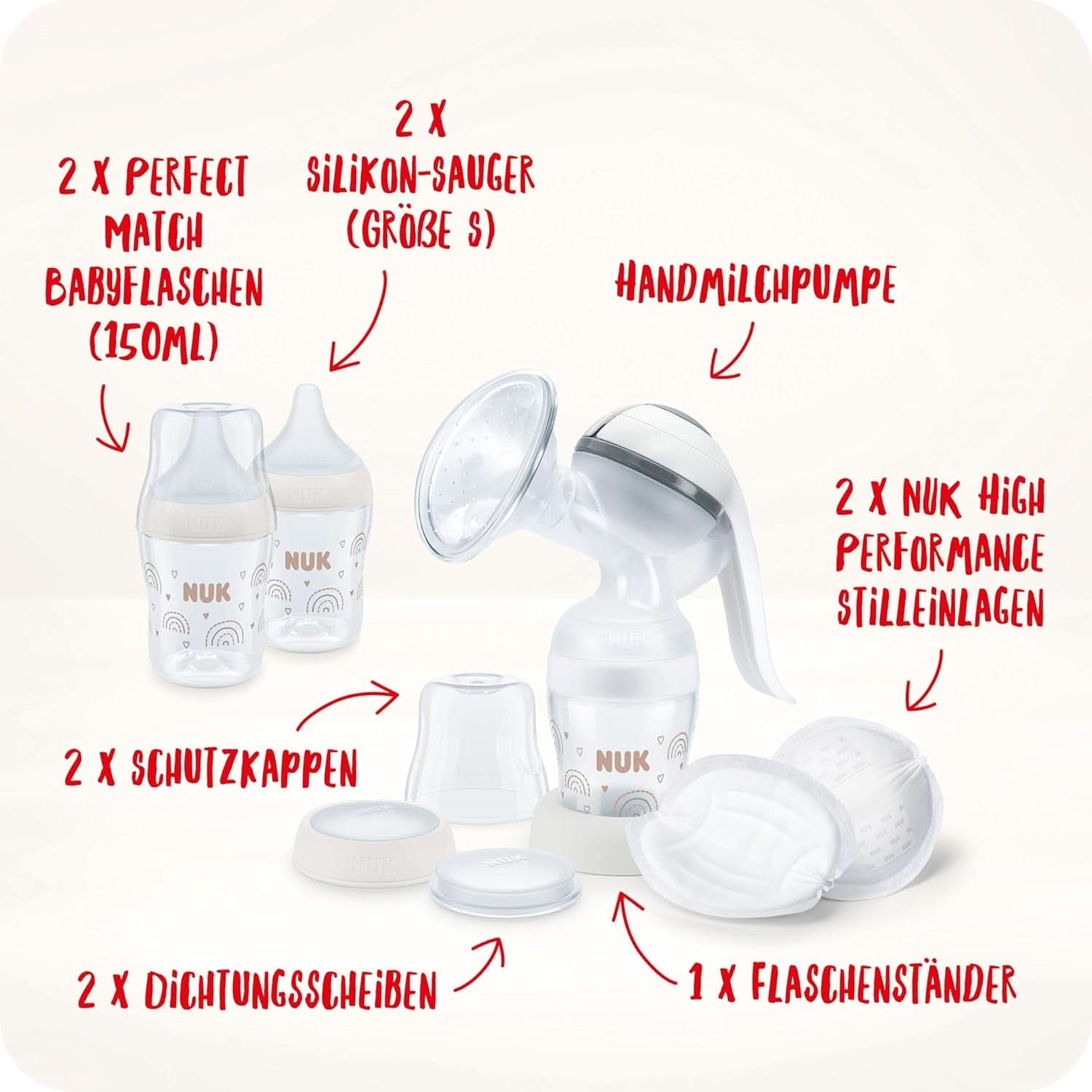 NUK kézi mellszívó készlet, puha szilikon párna, 2 tökéletesen kombinált üveg, 150 ml Kiegészítők Élelmiszer és Szoptatás Bebe Naty Shop