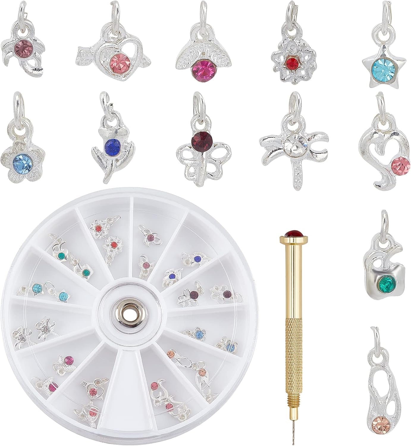 OLYCRAFT 24Pcs Nagelschmuck Ringe Dangle Nail Art Zubehör Mit Nagelpiercing Tool Nagelbohrer Manueller Bohrer Aus Legierung Für Tipps, Acryl, Gele Und Dekorationen