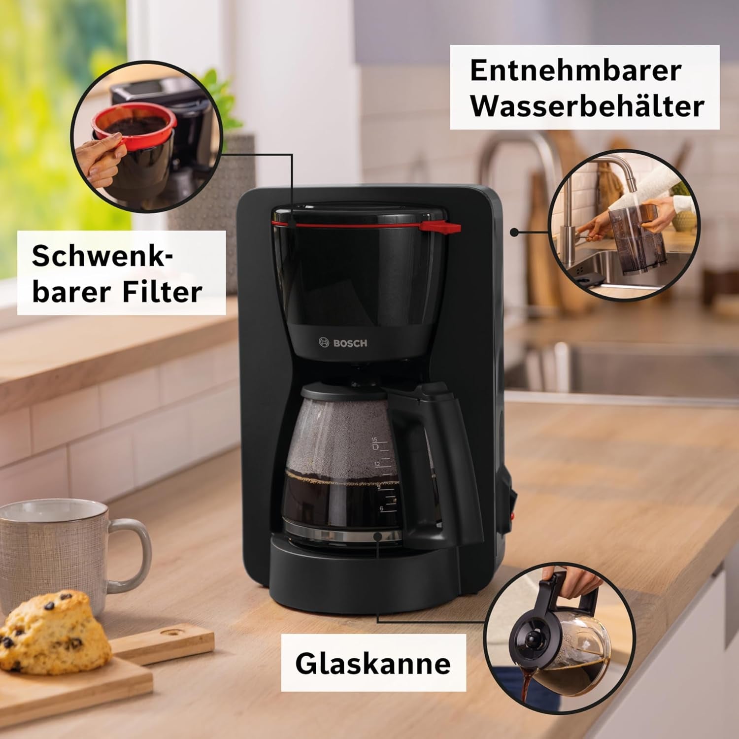 Espressor cu filtru Bosch MyMoment TKA2M113, carafă din sticlă de 1,25 l, pentru 10-15 cești, funcție de menținere la cald timp de 40 de minute, sistem anti-picurare, suport pentru filtru rotativ, rezervor de apă detașabil, 1200 wați, negru mat