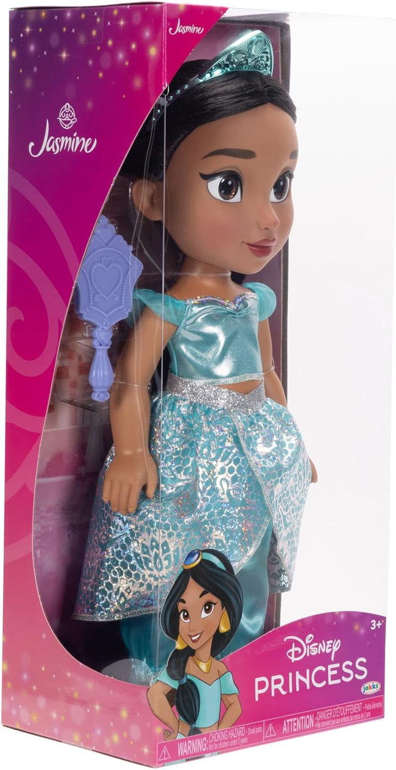 Disney Princess Jasmin Puppe 35 cm, reflektierende Glitzeraugen, bewegliche Gelenke, ausziehbares Outfit, Schuhe, Krone, langes geflochtenes Haar, für Mädchen ab 3 Jahren