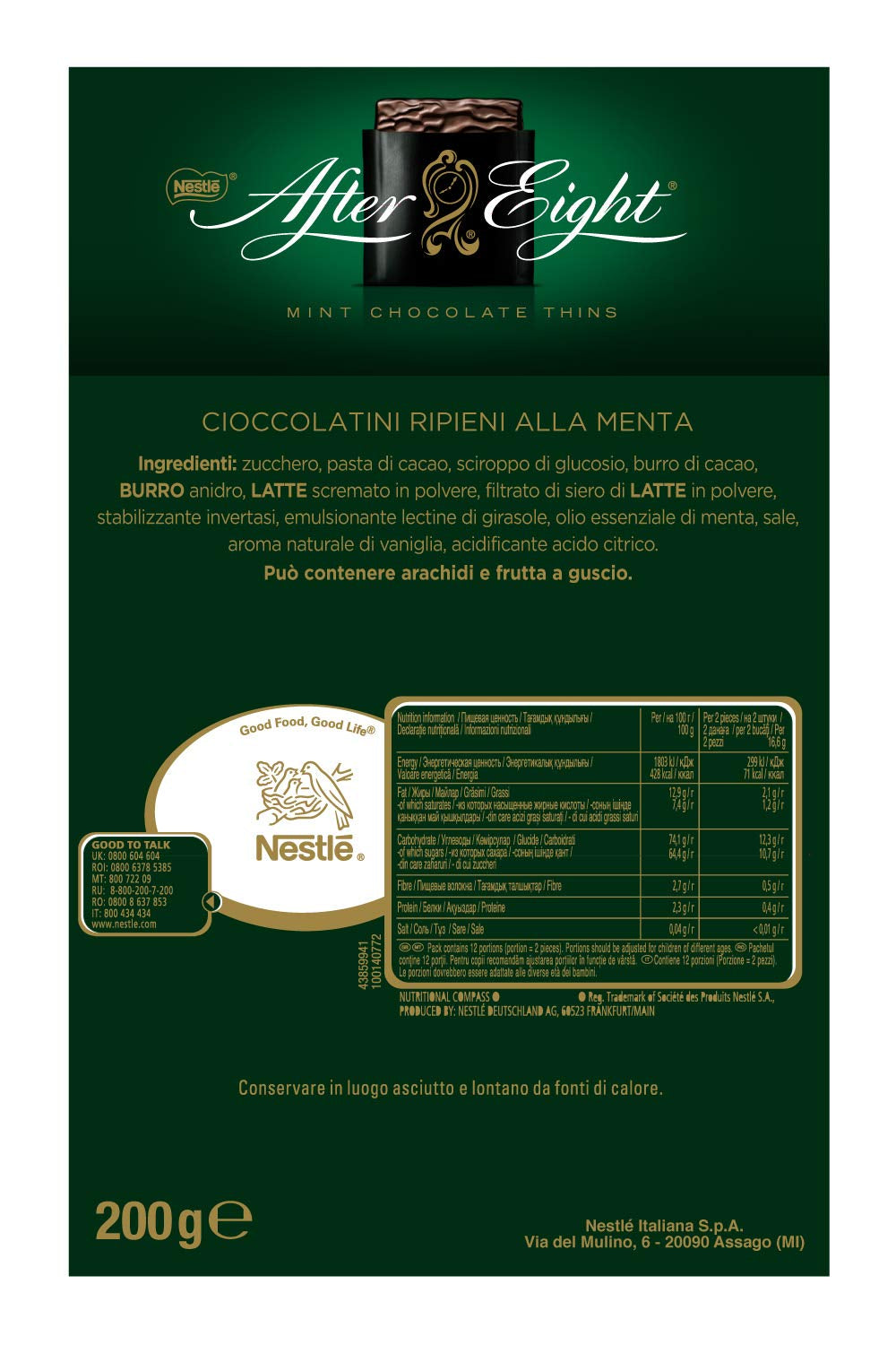 NESTLÉ AFTER EIGHT Vékony étcsokoládé négyzet mentakrémes töltelékkel ínyenceknek 5 db-os csomag (1 x 200 g)