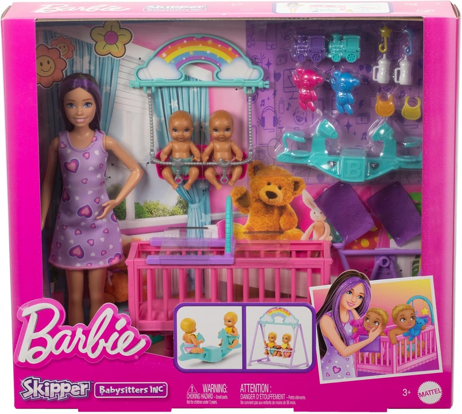 Barbie Skipper baba és gyerekszoba kiegészítőkkel, iker babákat, 1 kiságyat, 1 hintát, 1 rockert és egyebeket, HXM99 Naty Shop babákat tartalmaz