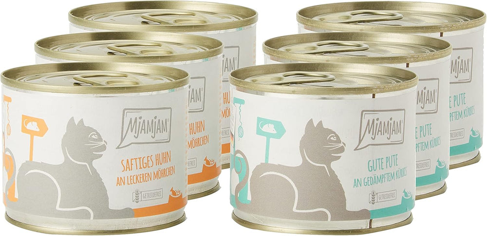 MjAMjAM - Hrană umedă premium pentru pisici - Monopack I - cu pui și curcan, pachet de 6 (6 x 200 g), fără cereale cu carne suplimentară