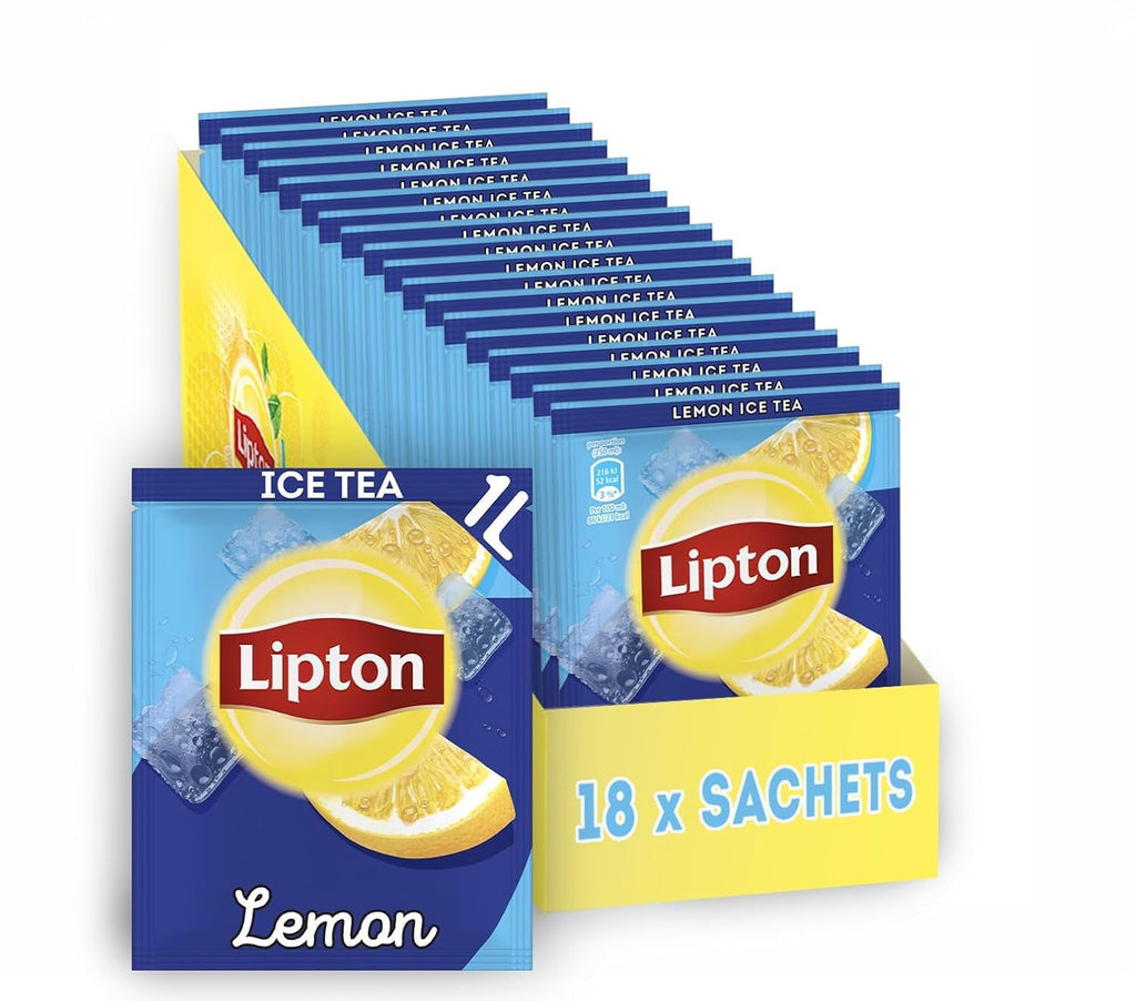 Set de ceai rece Lipton, „Lămâie”, răcoritoare pentru întreaga familie, 18 pliculețe, sub formă de pulbere pentru preparare acasă