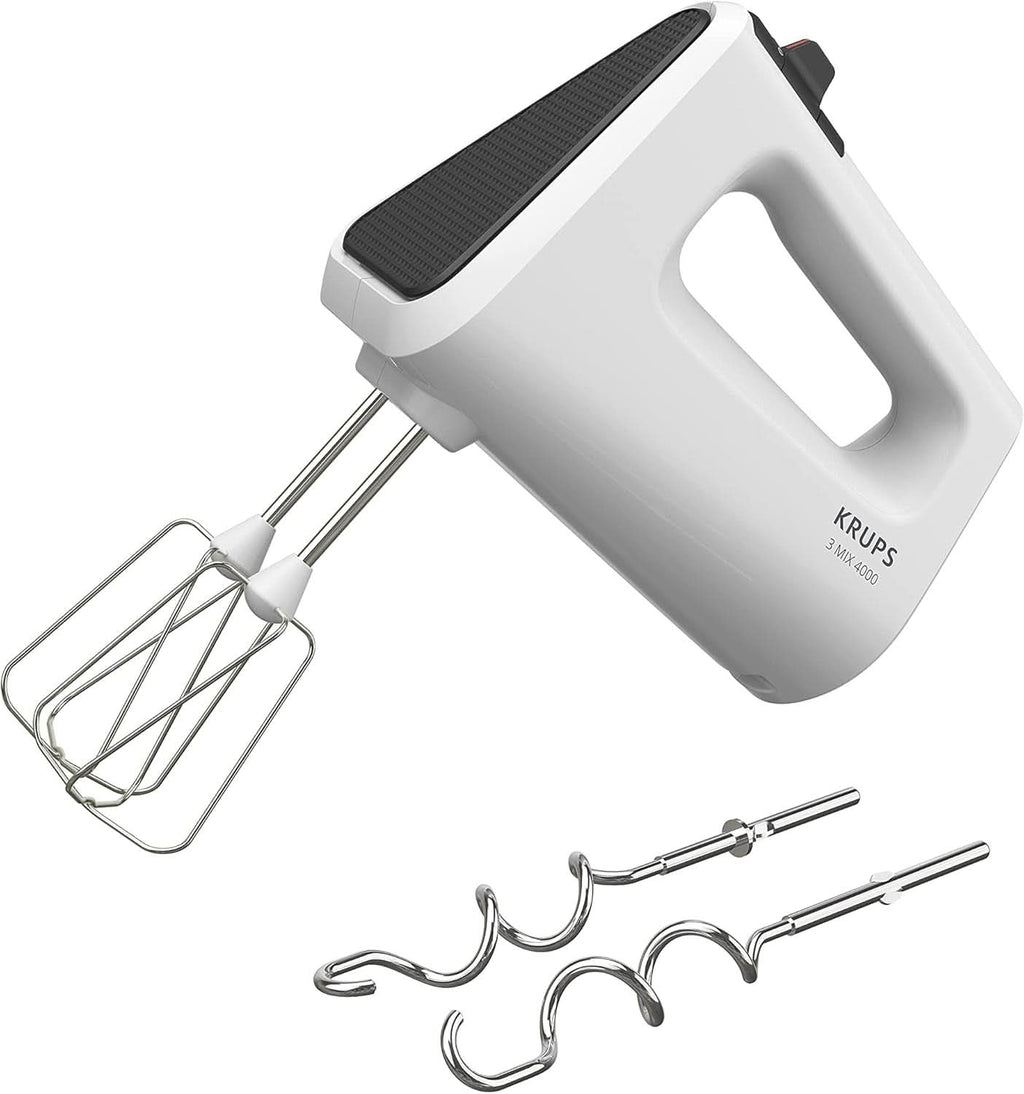 Krups GN4001 3 Mix 4000 Handmixer | 450 Watt | Robustes Design | Variabler Geschwindigkeitsregler | Turbo- Und Auswurf-Funktion | Inkl. 2 Rührbesen Und 2 Knethaken | Weiß/Grau Bucatarie Naty Shop