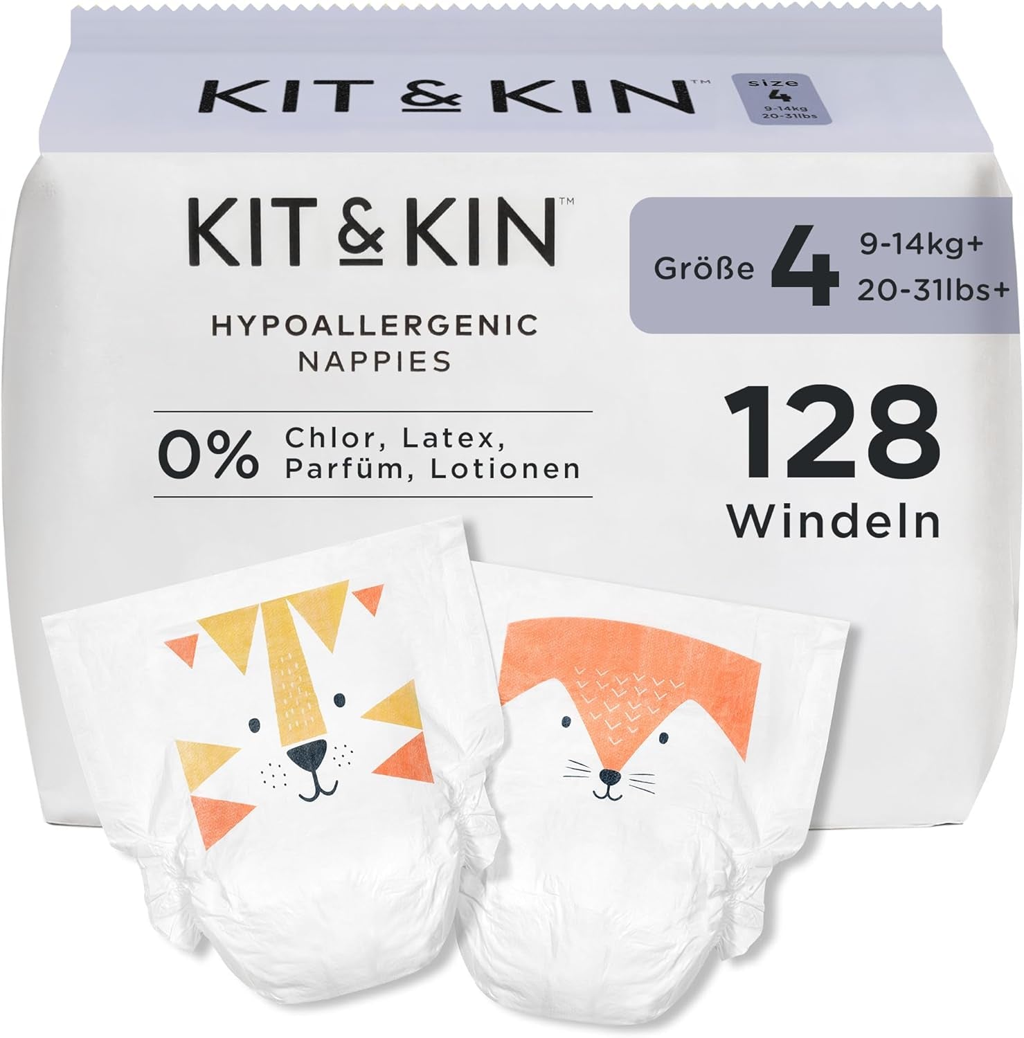 Kit & Kin Premium pelenkák, 4-es méret (9-14 kg), 128-as, növényi alapú és hipoallergén, megbízható szivárgás elleni védelem, vegán és kegyetlenség mentes