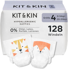 Kit & Kin Premium pelenkák, 4-es méret (9-14 kg), 128-as, növényi alapú és hipoallergén, megbízható szivárgás elleni védelem, vegán és kegyetlenség mentes