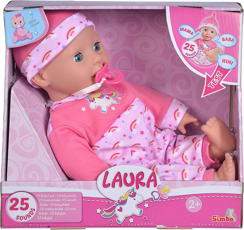 Simba 105140060 - Laura Tickle Baby, păpușă cu corp moale și saltea curcubeu, scoate 25 de sunete de bebeluș, 38 cm, păpușă pentru copii de la 2 ani