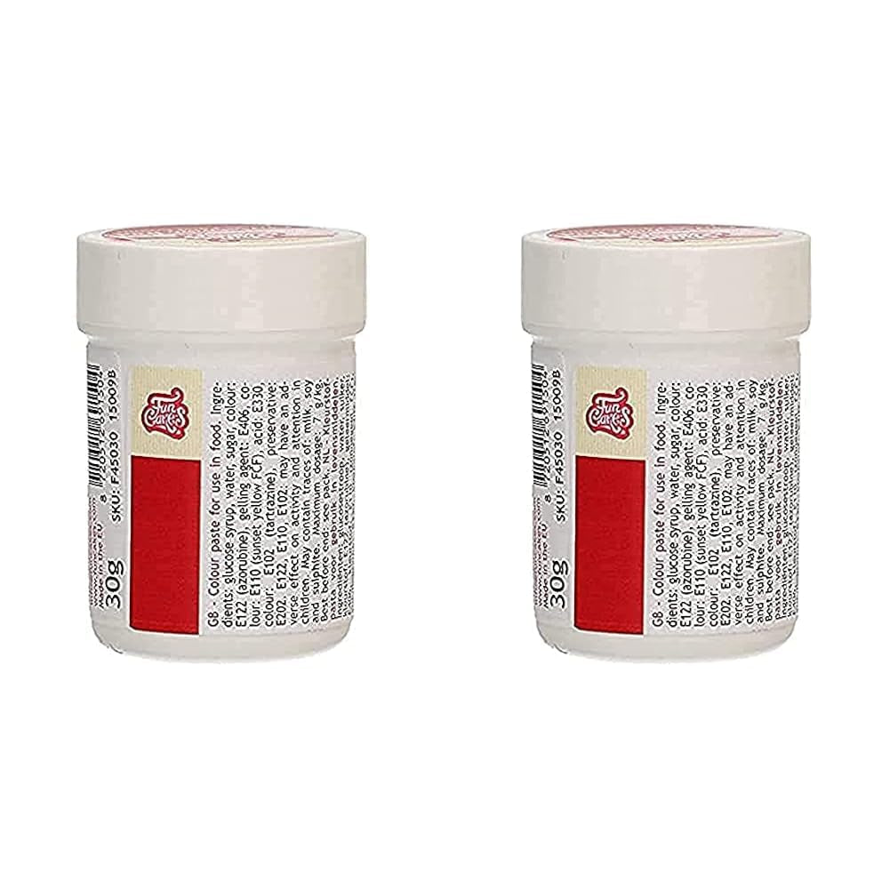 Colorant alimentar concentrat Funcakes Paste Colorant Roșu de Crăciun; pentru aluat, cremă, fondant, marțipan, aluat, pastă de modelat și pastă de flori. Halal și Kosher. 30 g (Pachet de 2)