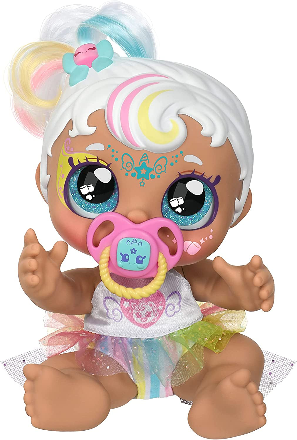 Baby Sister-Puppe Mini Mello als Einhorn, 1 Puppe mit Spielzeug Pacifier und Zauberschwamm für magische Gesichtsbemalung. Große, glitzernde Augen, biegsame Arme und Beine, 50275