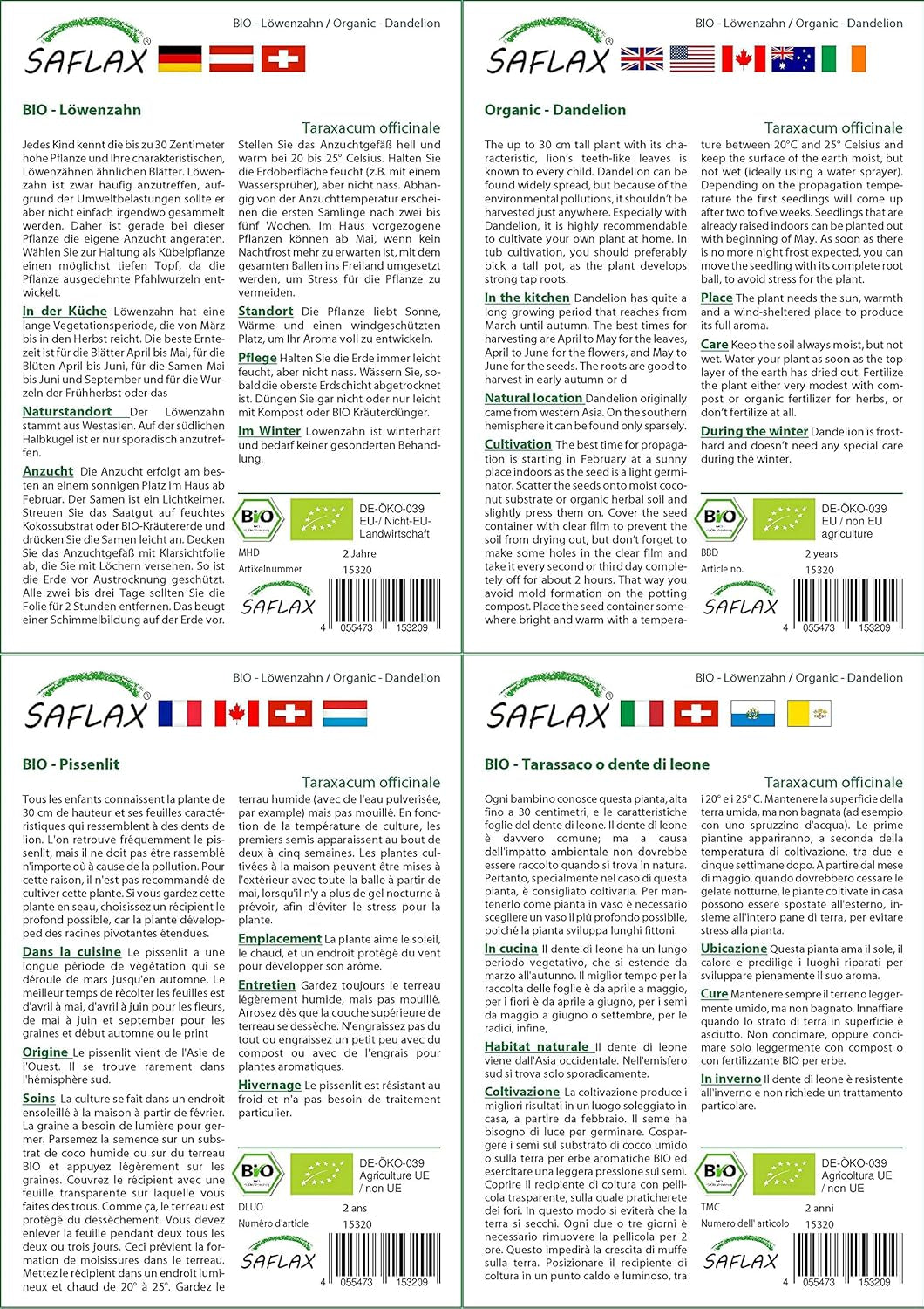 SAFLAX - BIO - Pitypang - 400 mag - Taraxacum officinale