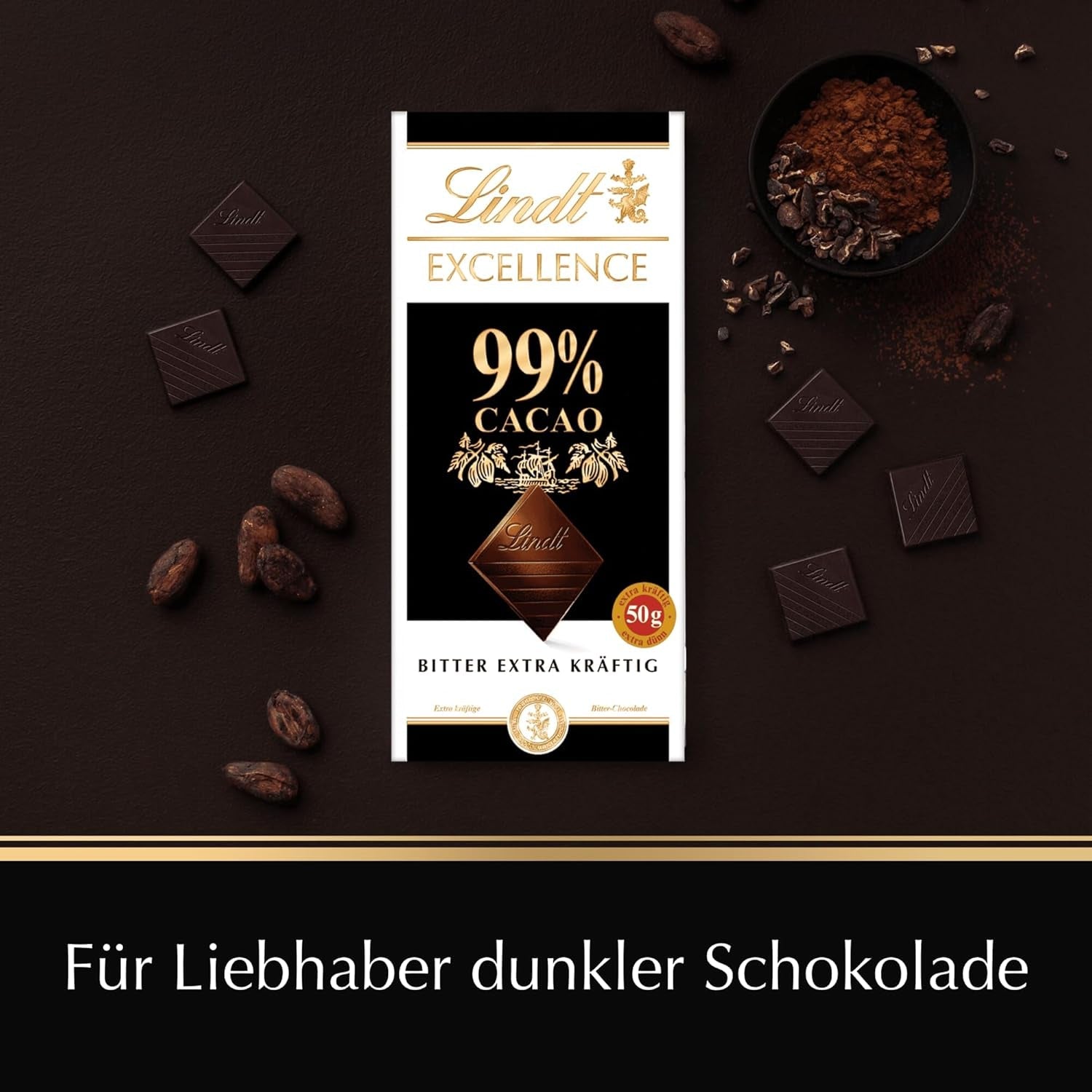 Lindt EXCELLENCE 99% Kakao - Edelbitter-Csokoládé | 50 G Tafel | Extra Kräftige keserűcsokoládé | Kakao-Geschmack erősítő | étcsokoládé | Vegán Schokolade | Schokoladengeschenk Naty Shop