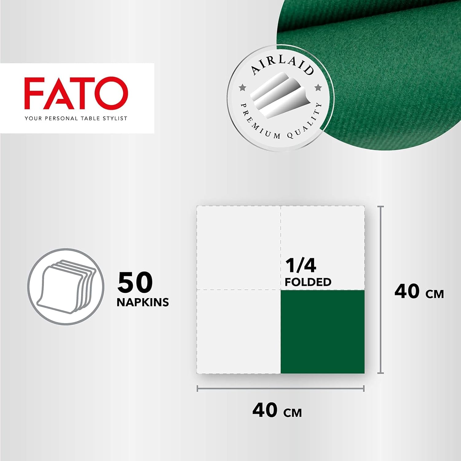 Fato, șervețele din hârtie uscată, airlaid, efect textil, pachet de 50 șervețele, dimensiunea 40X40 pliate în 4, culoare verde pădure