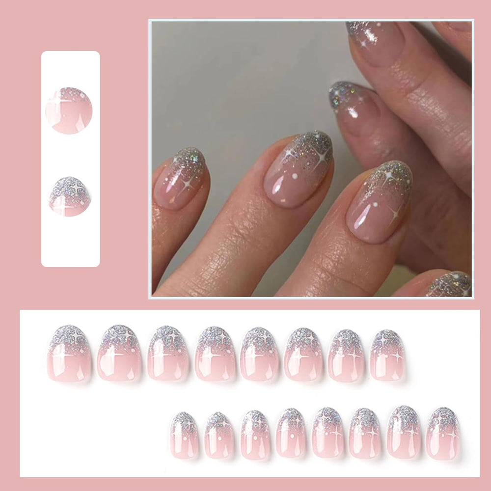 24 bucăți unghii French Press pe unghii, scurte, argintii strălucitoare, cu design, unghii artificiale ovale, unghii de lipit pe unghii acrilice lucioase, unghii false pentru femei și fete