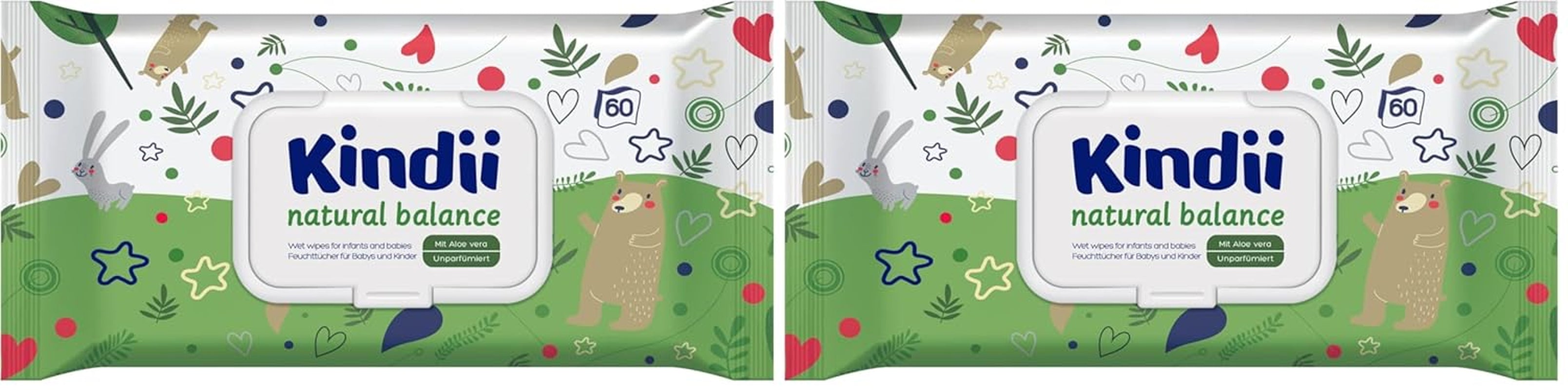 Kindii Natural Balance nedves törlőkendő babáknak – (1 x 60 db) Nedves törlőkendő babáknak és gyerekeknek – Protective, Aloe Vera, Finom illatú – 60 db.