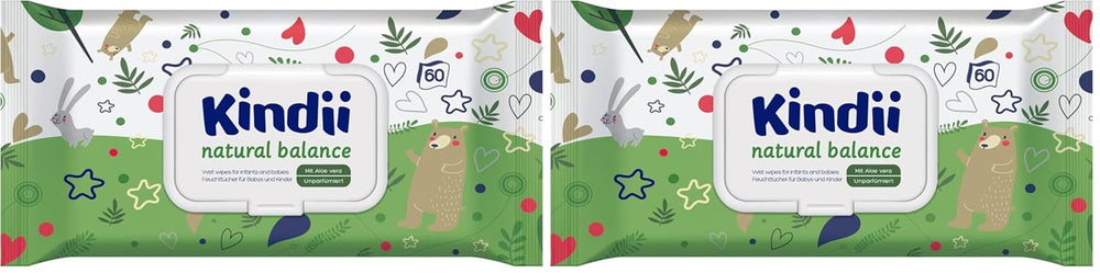 Kindii Natural Balance nedves törlőkendő babáknak – (1 x 60 db) Nedves törlőkendő babáknak és gyerekeknek – Protective, Aloe Vera, Finom illatú – 60 db.