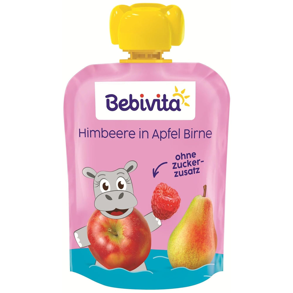 Himbeere in Apfel Birne Quetschie – 16 Stück (4er Pack, je 4 x 90g), ohne Zuckerzusatz, glutenfrei, ideális für unterwegs und selbständiges Snacken