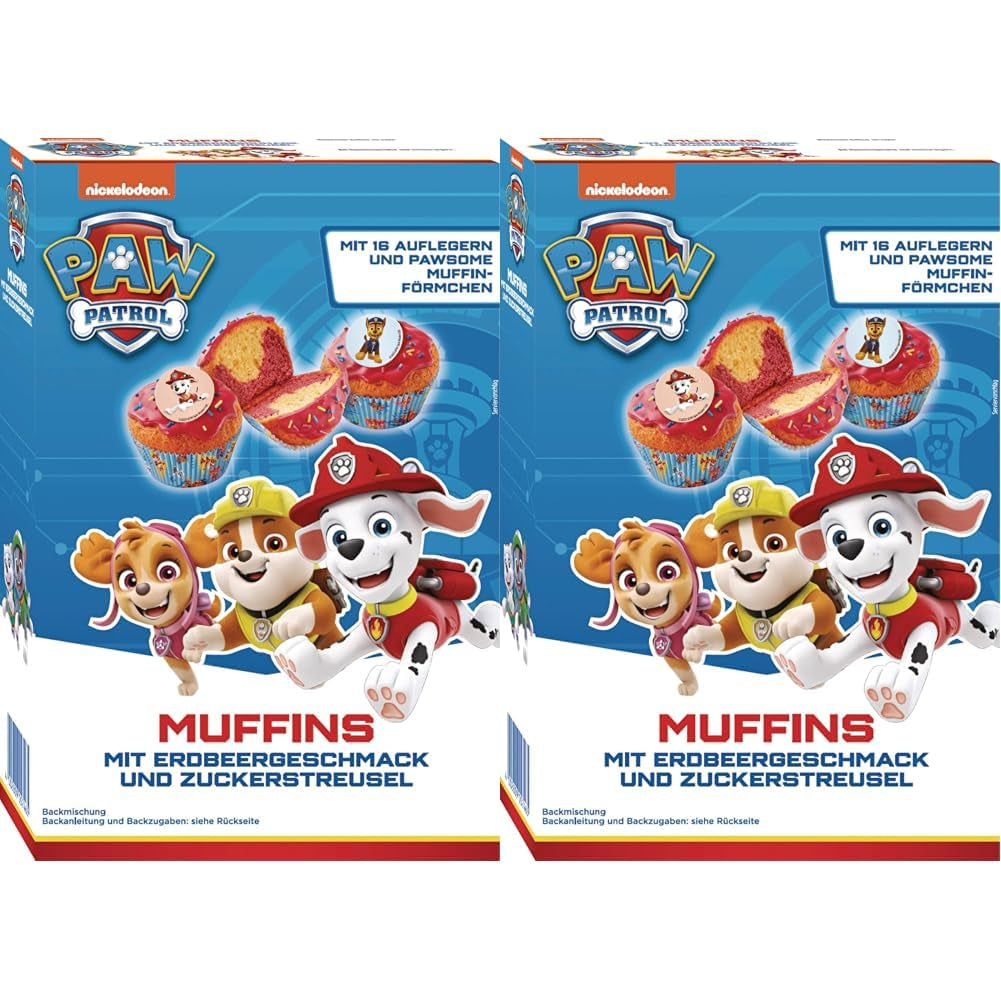 RUF X PAW Patrol Muffin Backmischung Mit Erdbeer-Geschmack, Für 12 Paw Patrol Muffins, Inkl.16 Oblaten-Auflegern Und Pawsome Muffin-Förmchen, 1 X 394G Naty Shop 392 G (2 Er Pack) Muffin