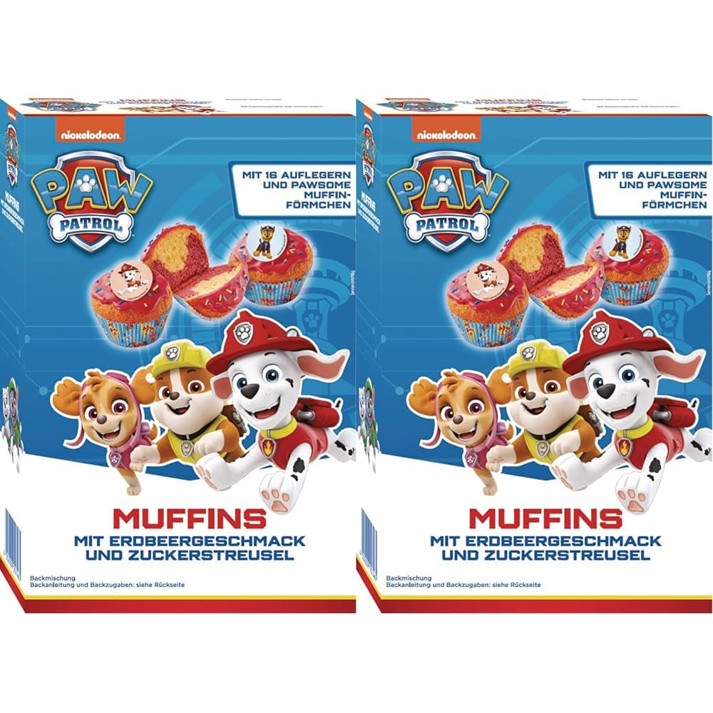 RUF X PAW Patrol Muffin Backmischung Mit Erdbeer-Geschmack, Für 12 Paw Patrol Muffins, Inkl.16 Oblaten-Auflegern Und Pawsome Muffin-Förmchen, 1 X 394G Naty Shop 392 G (2 Er Pack) Muffin