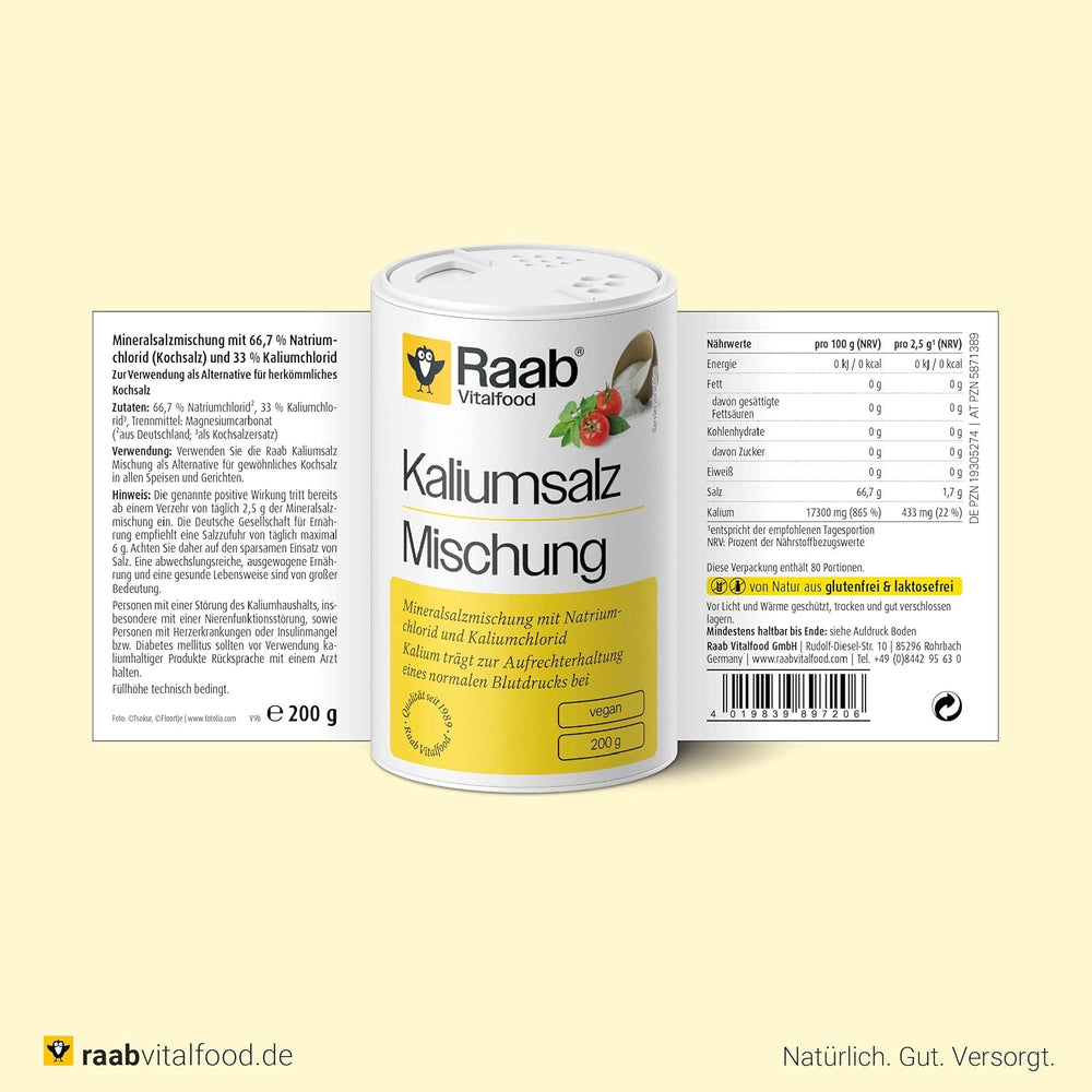 Raab Vitalfood Kalium salt-Mischung, Mineralsalzmischung mit 66,7% Natriumchlorid (Kochsalz) és 33% Kaliumchlorid, Kalium trägt zur Aufrechterhaltung eines normalen Blutdruck bei (1 x 200 g adag)